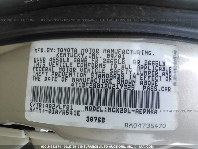 4T1BF28B12U217329 - 2002 TOYOTA AVALON XL/XLS GOLD photo 9