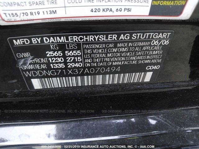 WDDNG71X37A070494 - 2007 MERCEDES-BENZ S 550 BLACK photo 9