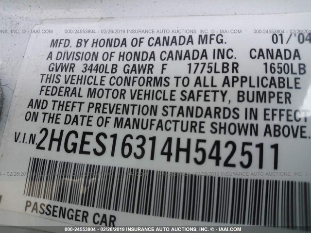 2HGES16314H542511 - 2004 HONDA CIVIC DX VP WHITE photo 9