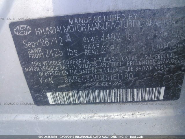 5NPEC4AB1DH611801 - 2013 HYUNDAI SONATA SE/LIMITED GRAY photo 9