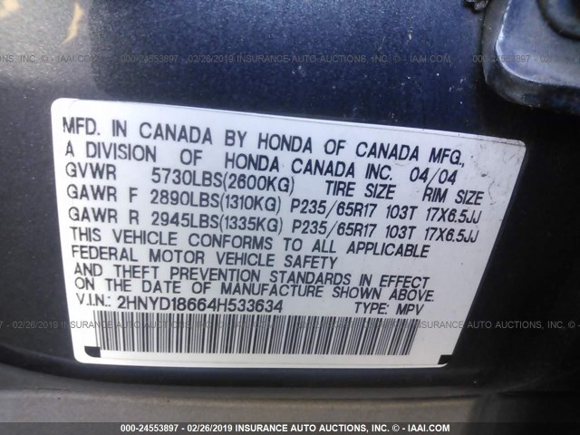 2HNYD18664H533634 - 2004 ACURA MDX TOURING GRAY photo 9