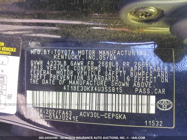 4T1BE30KX4U355815 - 2004 TOYOTA CAMRY LE/XLE/SE BLACK photo 9