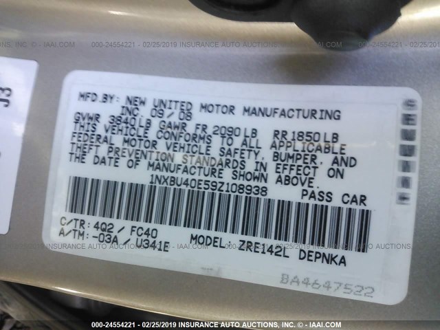 1NXBU40E59Z108938 - 2009 TOYOTA COROLLA S/LE/XLE GOLD photo 9