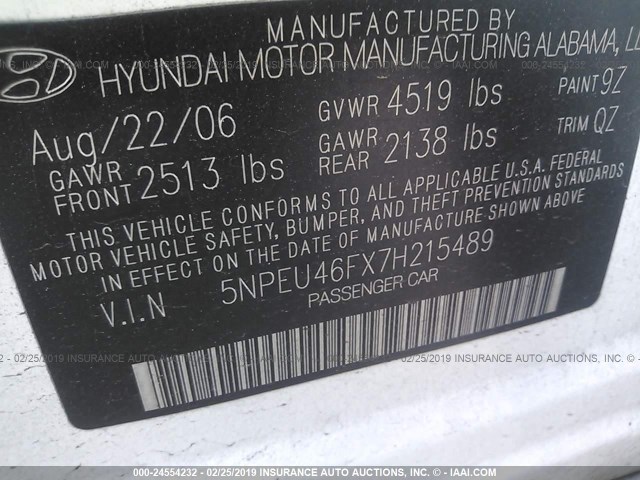 5NPEU46FX7H215489 - 2007 HYUNDAI SONATA SE/LIMITED WHITE photo 9