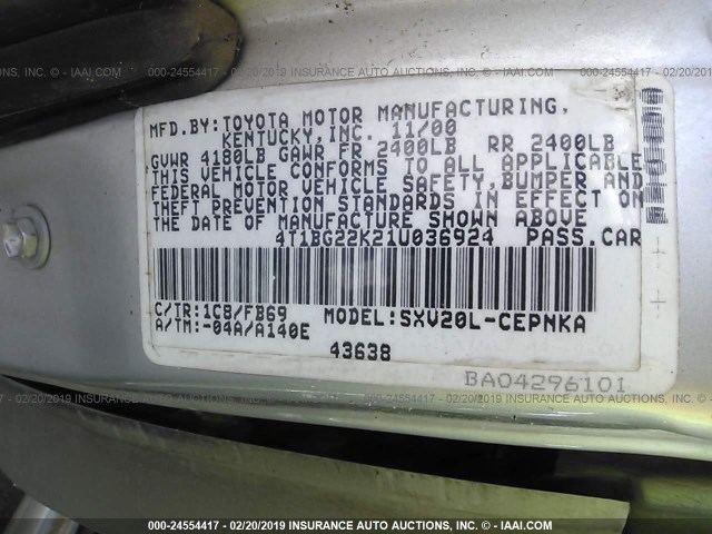 4T1BG22K21U036924 - 2001 TOYOTA CAMRY CE/LE/XLE SILVER photo 9