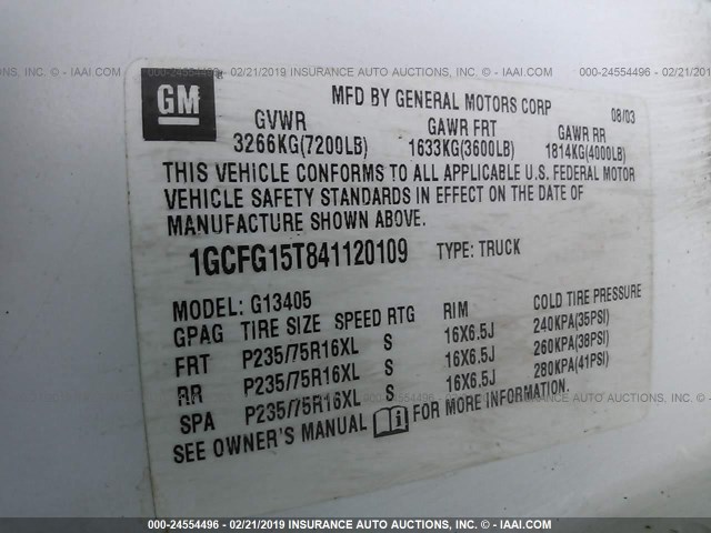 1GCFG15T841120109 - 2004 CHEVROLET EXPRESS G1500  WHITE photo 9