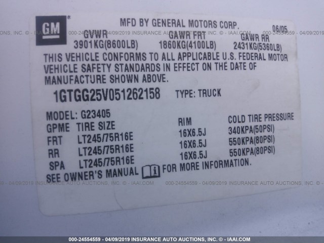 1GTGG25V051262158 - 2005 GMC SAVANA G2500 WHITE photo 9