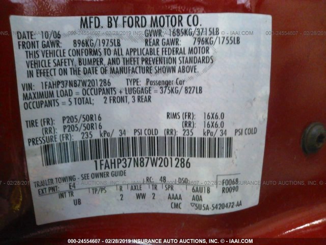 1FAHP37N87W201286 - 2007 FORD FOCUS ZX5/S/SE/SES RED photo 9