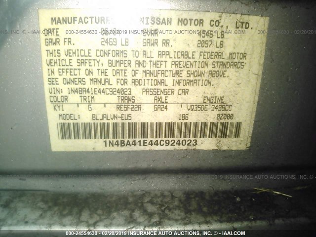 1N4BA41E44C924023 - 2004 NISSAN MAXIMA SE/SL SILVER photo 9