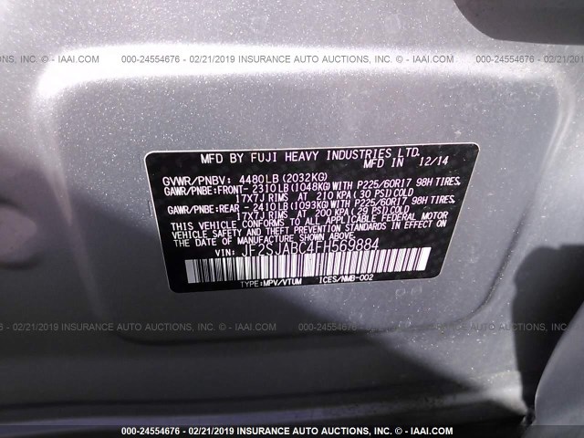 JF2SJABC4FH569884 - 2015 SUBARU FORESTER 2.5I SILVER photo 9