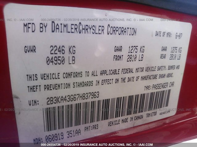 2B3KA43G67H837963 - 2007 DODGE CHARGER SE/SXT RED photo 9