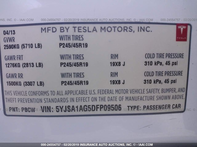 5YJSA1AG5DFP09506 - 2013 TESLA MODEL S WHITE photo 9