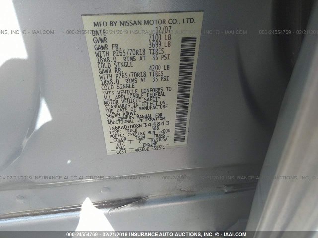 1N6BA07D08N344843 - 2008 NISSAN TITAN XE/SE/LE SILVER photo 9