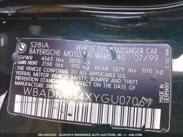 WBADM634XYGU07069 - 2000 BMW 528 I AUTOMATIC GREEN photo 9