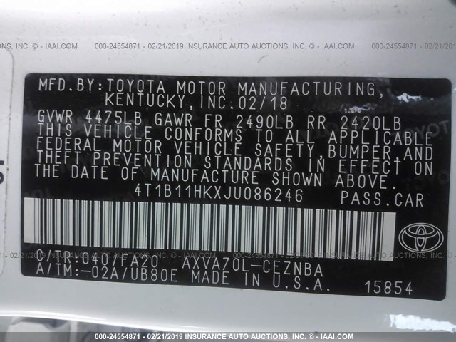 4T1B11HKXJU086246 - 2018 TOYOTA CAMRY L/LE/XLE/SE/XSE WHITE photo 9