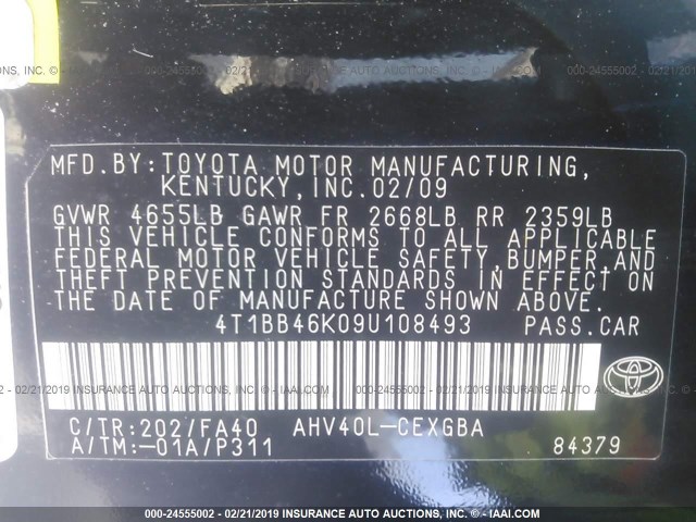 4T1BB46K09U108493 - 2009 TOYOTA CAMRY HYBRID BLACK photo 9