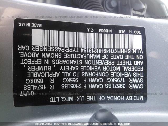 SHHFK7H49HU218194 - 2017 HONDA CIVIC SPORT Argent photo 9