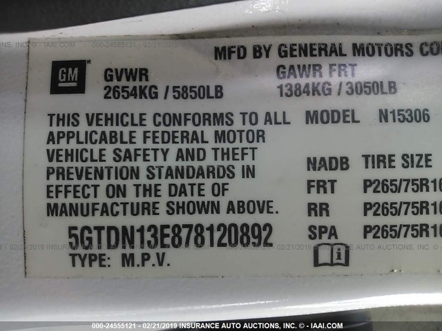 5GTDN13E878120892 - 2007 HUMMER H3 WHITE photo 9