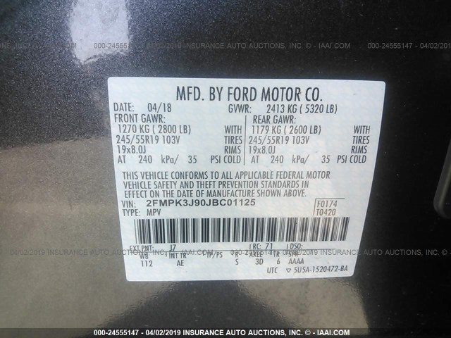 2FMPK3J90JBC01125 - 2018 FORD EDGE SEL GRAY photo 9