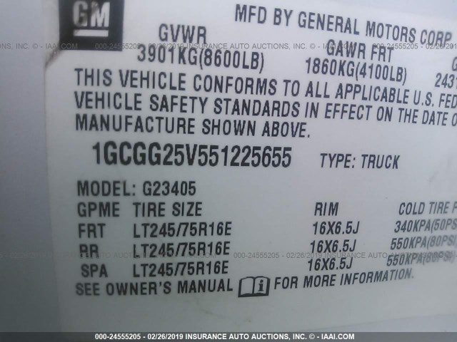 1GCGG25V551225655 - 2005 CHEVROLET EXPRESS G2500  WHITE photo 9