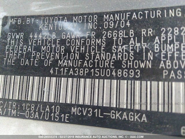 4T1FA38P15U048693 - 2005 TOYOTA CAMRY SOLARA SE/SLE SILVER photo 9