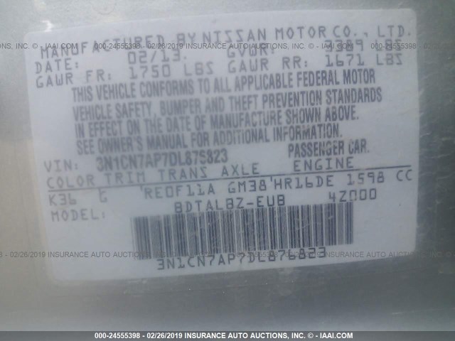 3N1CN7AP7DL876823 - 2013 NISSAN VERSA S/S PLUS/SV/SL GRAY photo 9