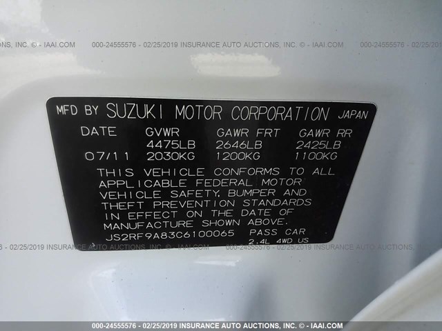 JS2RF9A83C6100065 - 2012 SUZUKI KIZASHI SPORT SLS WHITE photo 9