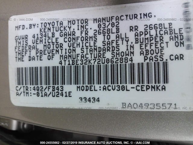 4T1BE32K72U062884 - 2002 TOYOTA CAMRY LE/XLE/SE GOLD photo 9