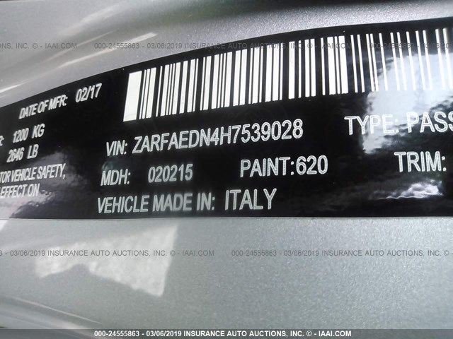 ZARFAEDN4H7539028 - 2017 ALFA ROMEO GIULIA Q4 SILVER photo 9