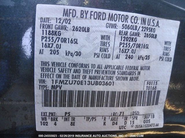 1FMZU70E13UB03601 - 2003 FORD EXPLORER SPORT GREEN photo 9