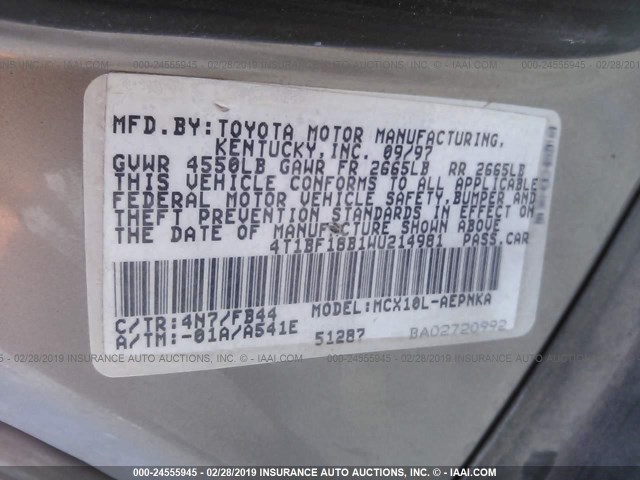 4T1BF18B1WU214981 - 1998 TOYOTA AVALON XL/XLS GOLD photo 9