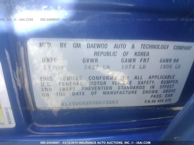 KL1TD66E89B619283 - 2009 CHEVROLET AVEO LS/LT Կապույտ լուսանկար 9