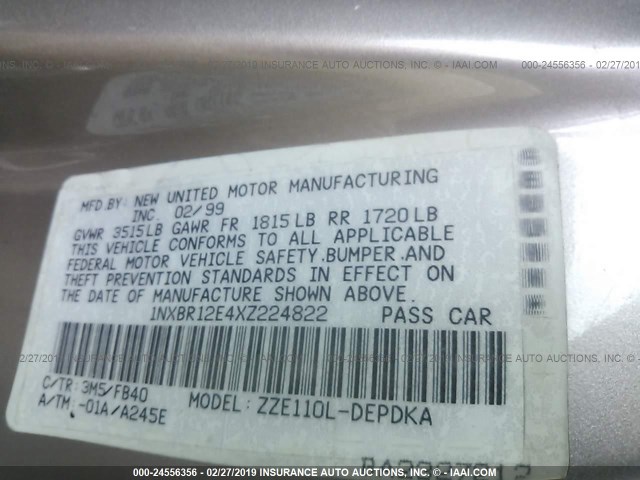 1NXBR12E4XZ224822 - 1999 TOYOTA COROLLA VE/CE/LE 银色 照片 9