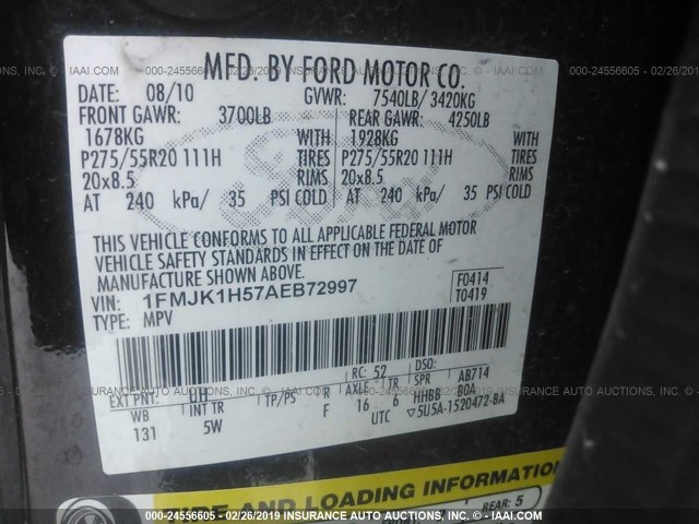 1FMJK1H57AEB72997 - 2010 FORD EXPEDITION EL EDDIE BAUER BLACK photo 9