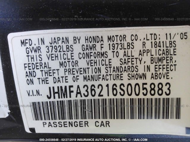 JHMFA36216S005883 - 2006 HONDA CIVIC HYBRID BLUE photo 9