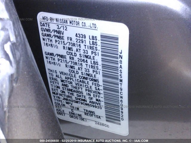 JN8AS5MT9CW609920 - 2012 NISSAN ROGUE S/SV GRAY photo 9