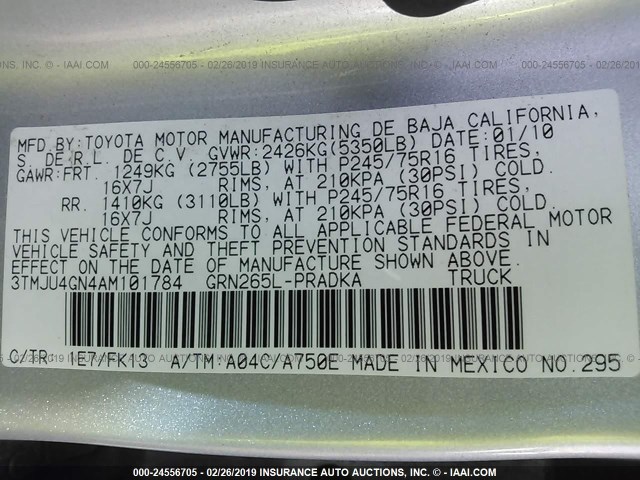 3TMJU4GN4AM101784 - 2010 TOYOTA TACOMA DOUBLE CAB PRERUNNER SILVER photo 9