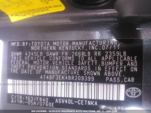 4T4BF3EK4BR209399 - 2011 TOYOTA CAMRY SE/LE/XLE 灰色 照片 9