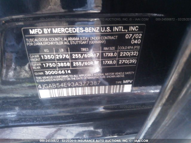 4JGAB54E93A377387 - 2003 MERCEDES-BENZ ML 320 BLACK photo 9