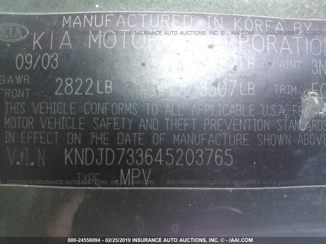 KNDJD733645203765 - 2004 KIA SORENTO EX/LX GREEN photo 9