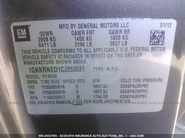 1GKKRNED1CJ253631 - 2012 GMC ACADIA SLE GRAY photo 9