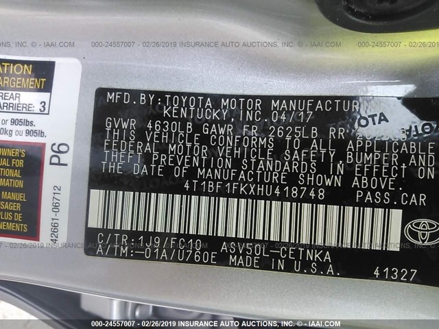 4T1BF1FKXHU418748 - 2017 TOYOTA CAMRY LE/XLE/SE/XSE SILVER photo 9