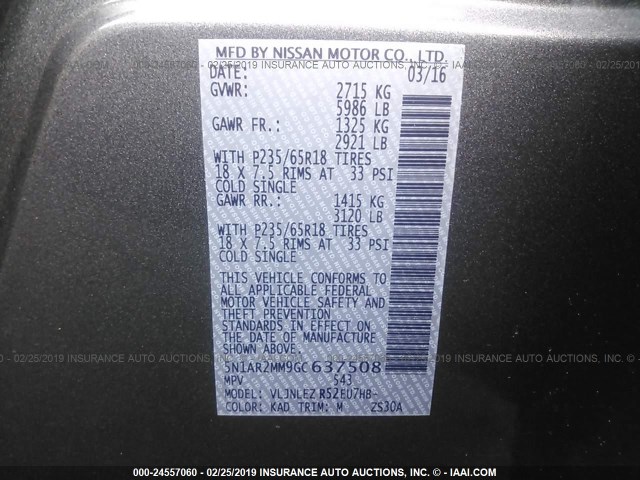 5N1AR2MM9GC637508 - 2016 NISSAN PATHFINDER S/SV/SL/PLATINUM GRAY photo 9