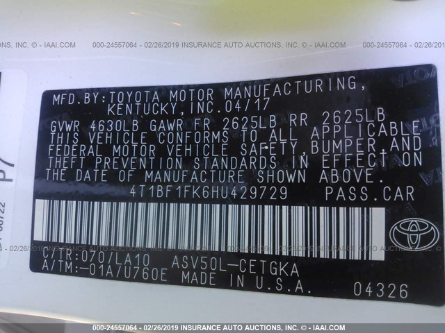 4T1BF1FK6HU429729 - 2017 TOYOTA CAMRY LE/XLE/SE/XSE თეთრი ფოტო 9