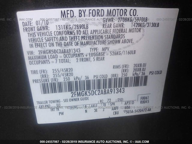 2FMGK5DC2ABA91343 - 2010 FORD FLEX LIMITED GRAY photo 9