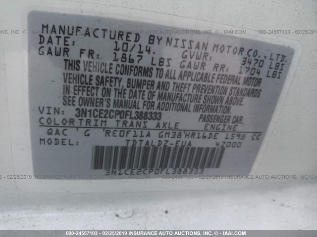 3N1CE2CP0FL388333 - 2015 NISSAN VERSA NOTE S/S PLUS/SV/SL/SR WHITE photo 9