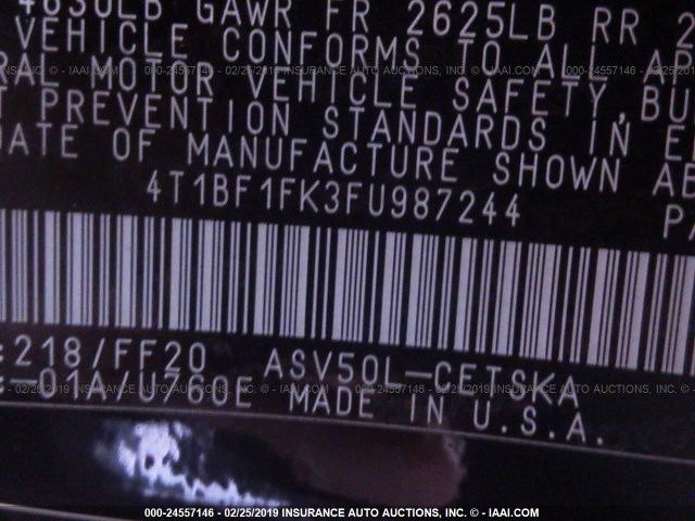 4T1BF1FK3FU987244 - 2015 TOYOTA CAMRY LE/XLE/SE/XSE შავი ფოტო 9