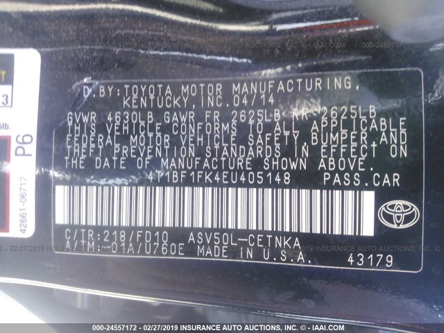 4T1BF1FK4EU405148 - 2014 TOYOTA CAMRY L/SE/LE/XLE 黑色 照片 9