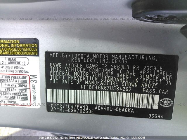 4T1BE46K67U584297 - 2007 TOYOTA CAMRY NEW GENERAT CE/LE/XLE/SE SILVER photo 9