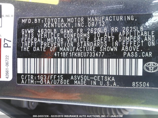 4T1BF1FK8EU733477 - 2014 TOYOTA CAMRY L/SE/LE/XLE 灰色 照片 9